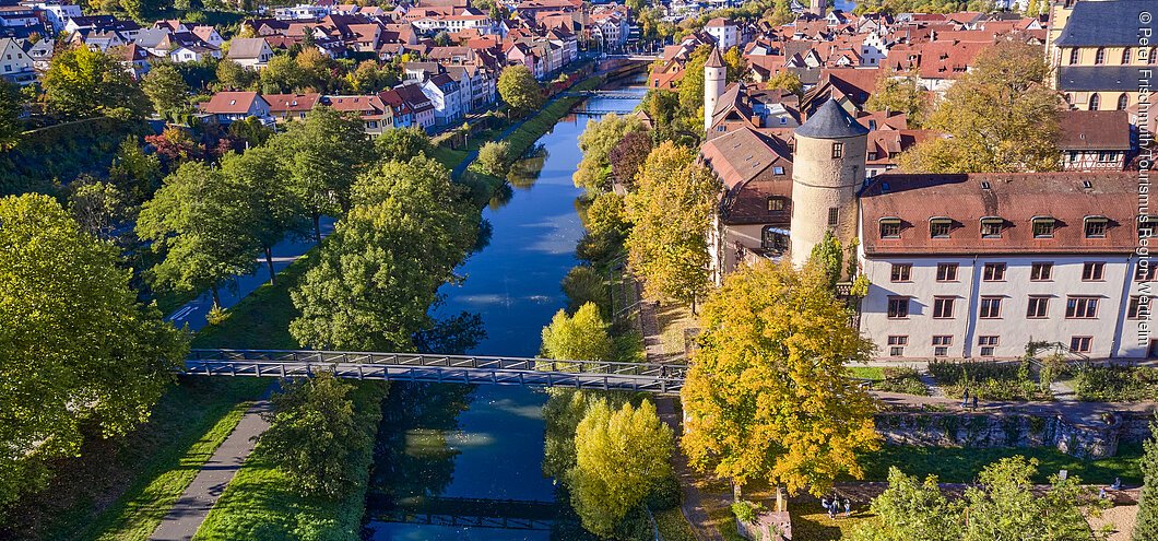 Luftaufnahme Wertheim mit Fluss, Br&uuml;cken, B&auml;umen und historischen Geb&auml;uden.