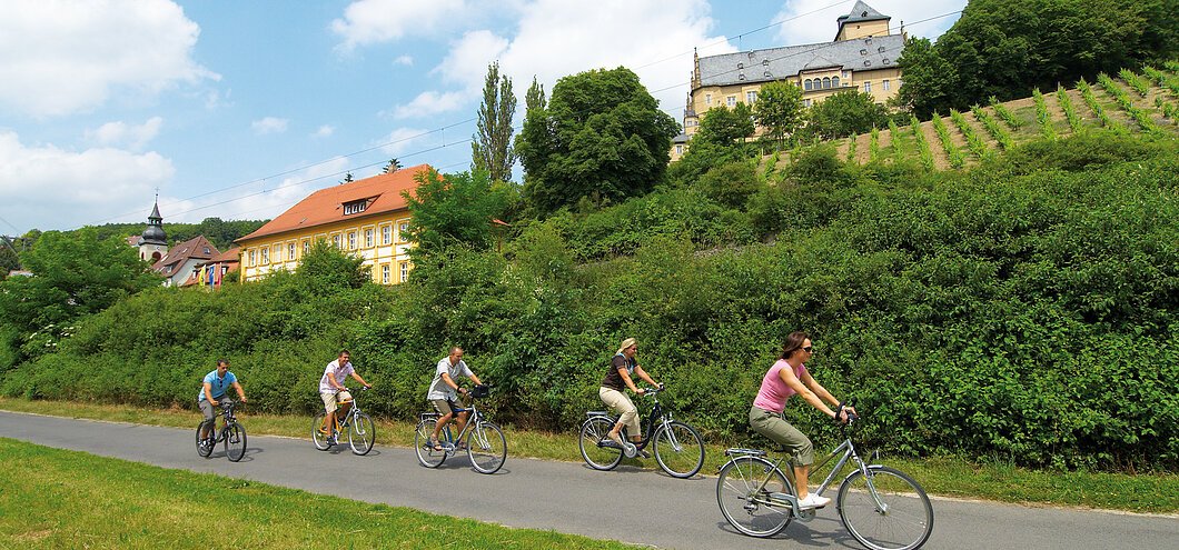 F&uuml;nf Personen fahren auf einem Radweg vor gr&uuml;nen B&uuml;schen und Geb&auml;uden bei blauem Himmel Fahrrad.
